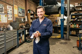 Mécanicien professionnel dans un garage traditionnel local avec pont élévateur et outils mécaniques