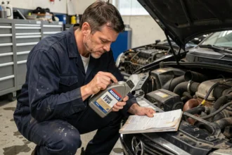 Mécanicien inspectant une bouteille d'huile moteur Mannol avec indication de viscosité dans un atelier automobile