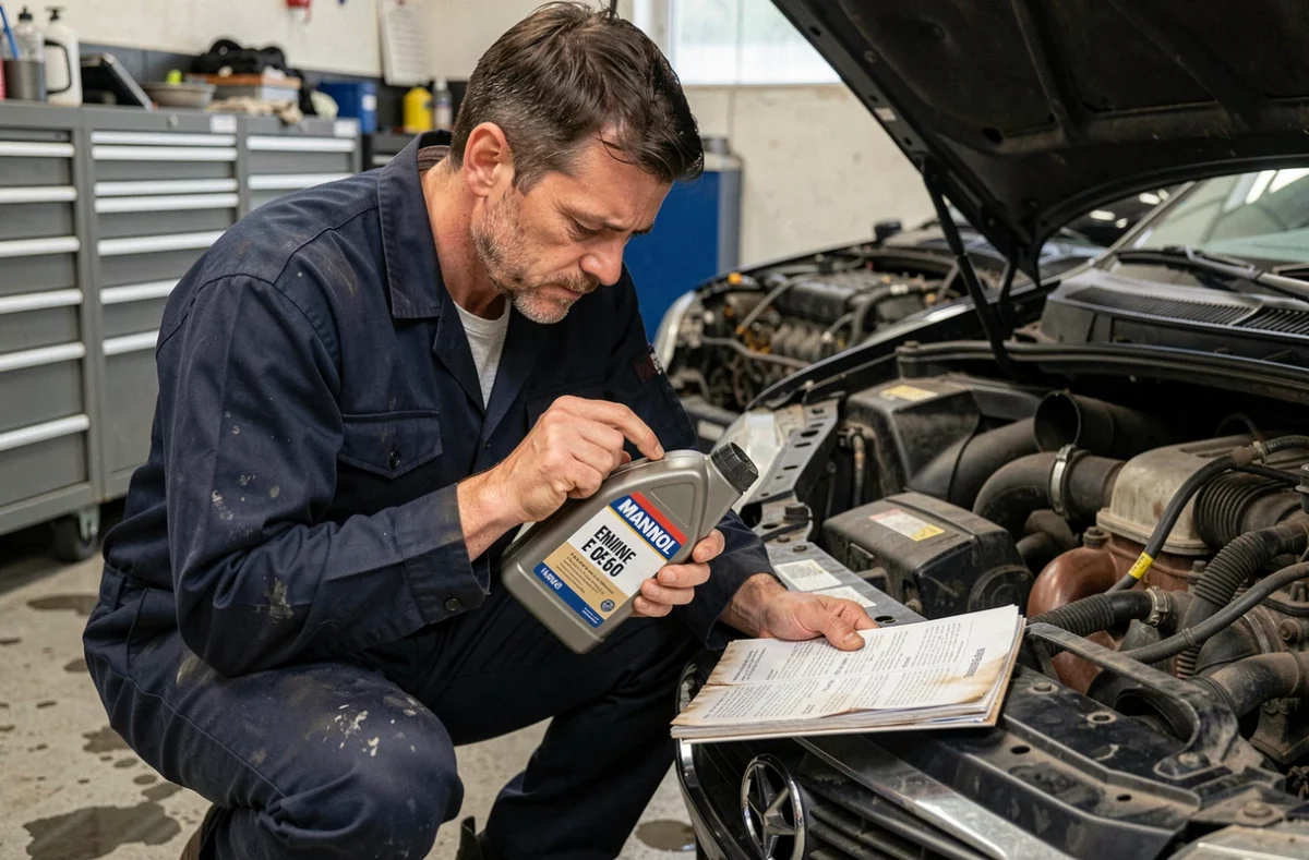 Mécanicien inspectant une bouteille d'huile moteur Mannol avec indication de viscosité dans un atelier automobile