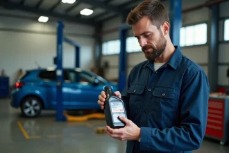Mécanicien tenant une bouteille d'huile moteur 5W-30 dans un garage automobile professionnel avec une Peugeot 208 en arrière-plan