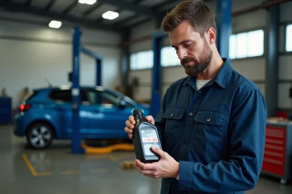 Mécanicien tenant une bouteille d'huile moteur 5W-30 dans un garage automobile professionnel avec une Peugeot 208 en arrière-plan