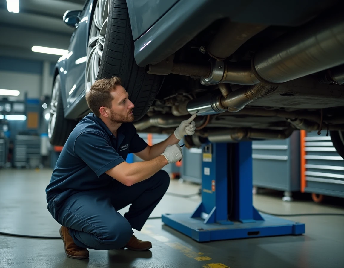 Mécanicien automobile montrant les différentes pièces d'une ligne d'échappement sous une voiture surélevée dans un garage professionnel