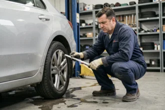 Mécanicien inspectant l'alignement d'une roue avant sur une voiture au garage avant un contrôle technique