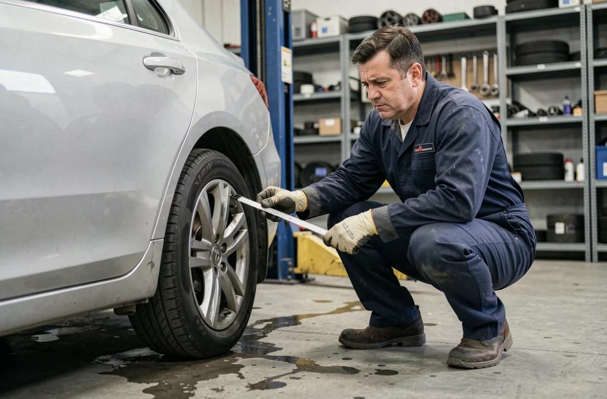 Mécanicien inspectant l'alignement d'une roue avant sur une voiture au garage avant un contrôle technique