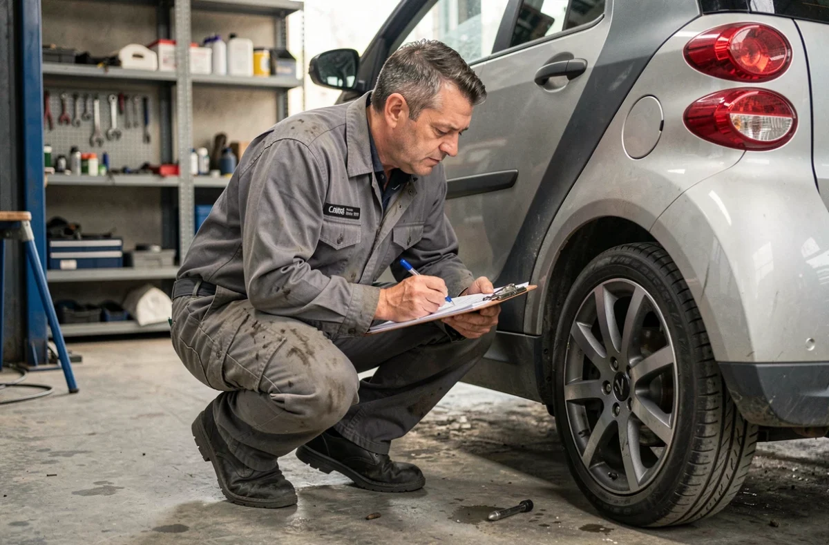 Mécanicien inspectant le kilométrage et l'état d'une voiture sans permis dans un garage automobile