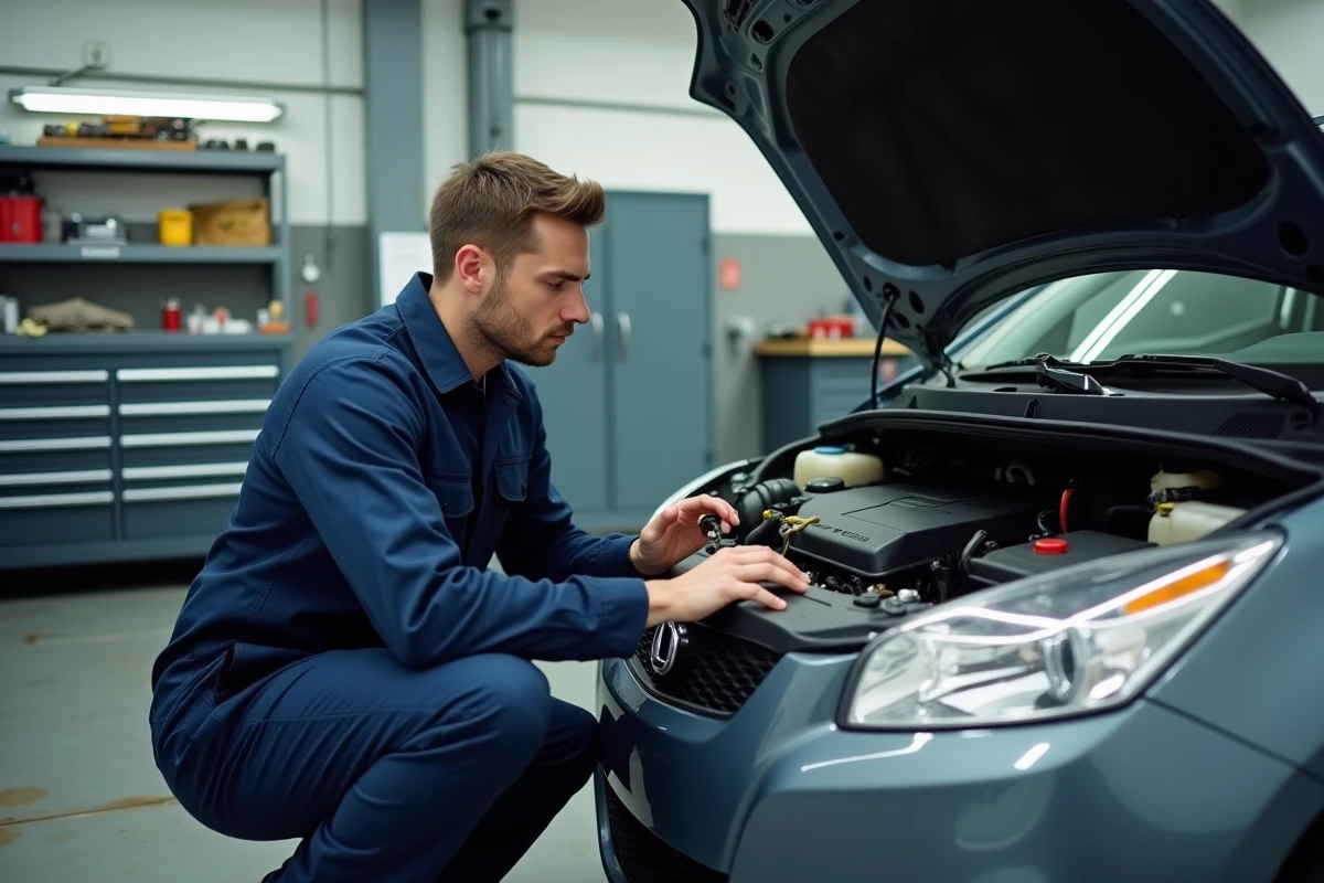 Mécanicien inspectant le moteur d'une petite citadine dans un garage indépendant, évaluant sa robustesse mécanique