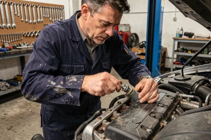 Mécanicien professionnel retirant un injecteur diesel d'un moteur Renault 1.5 dCi dans un atelier automobile