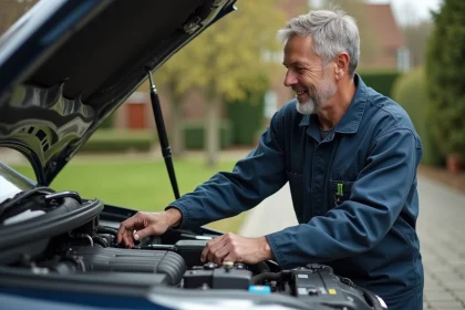 Mécanicien homme inspectant un moteur essence en extérieur