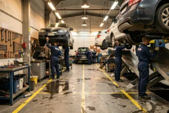 Atelier mécanique automobile parisien avec des mécaniciens au travail autour de plusieurs véhicules sur ponts élévateurs