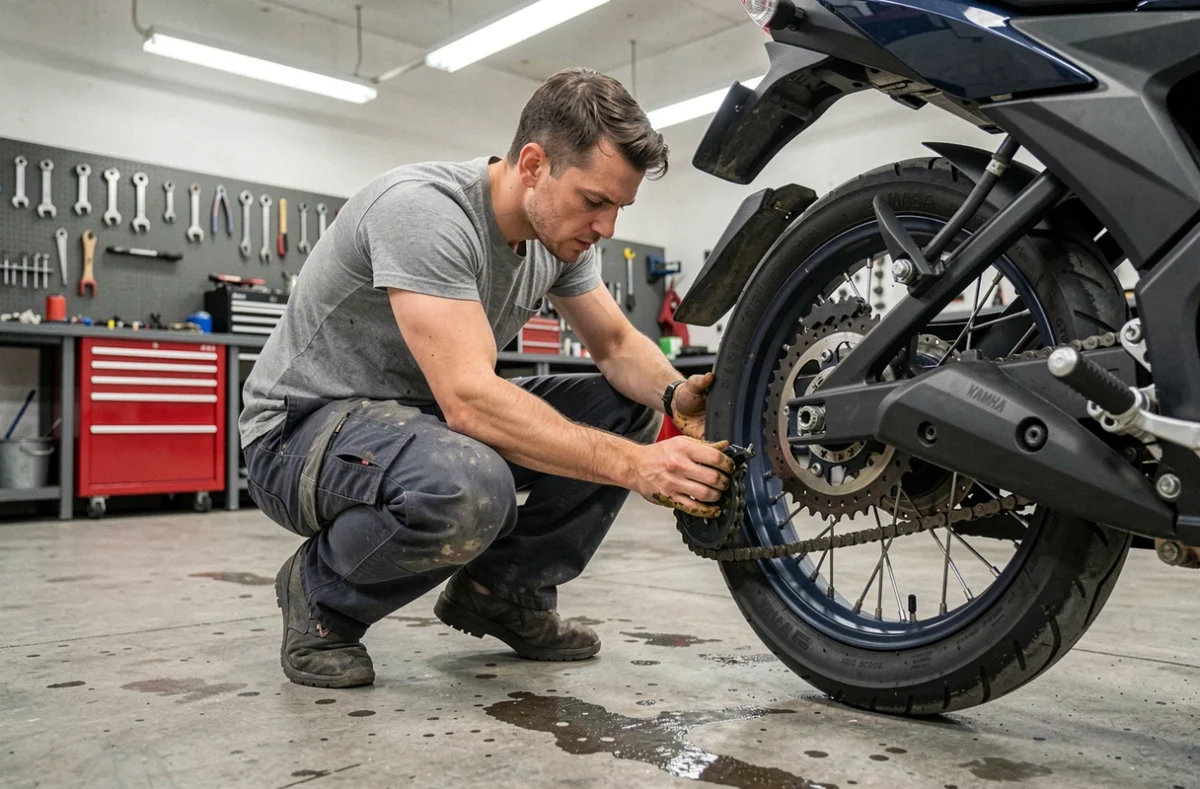 Mécanicien inspectant la chaîne et le pignon de la Yamaha MT-125 pour corriger les pertes de vitesse