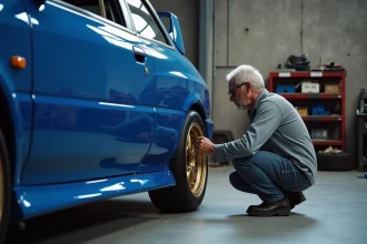Mécanicien inspectant un badge Prodrive Performance Pack sur une Subaru Impreza WRX STI bleue de collection dans un atelier professionnel