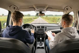 Un jeune conducteur en cours de conduite avec son moniteur sur une route de Vendée