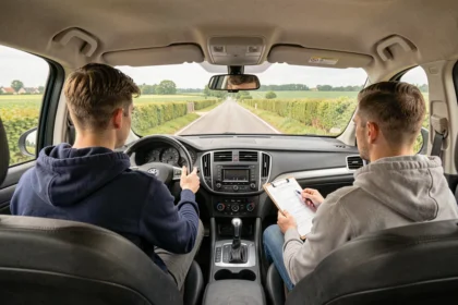 Un jeune conducteur en cours de conduite avec son moniteur sur une route de Vendée
