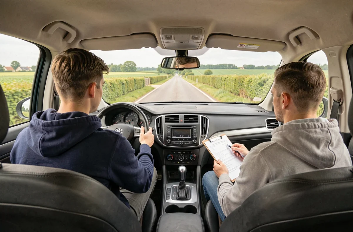 Un jeune conducteur en cours de conduite avec son moniteur sur une route de Vendée