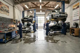 Vue d'ensemble d'un garage automobile dans le Loiret avec plusieurs mécaniciens au travail sur différents véhicules