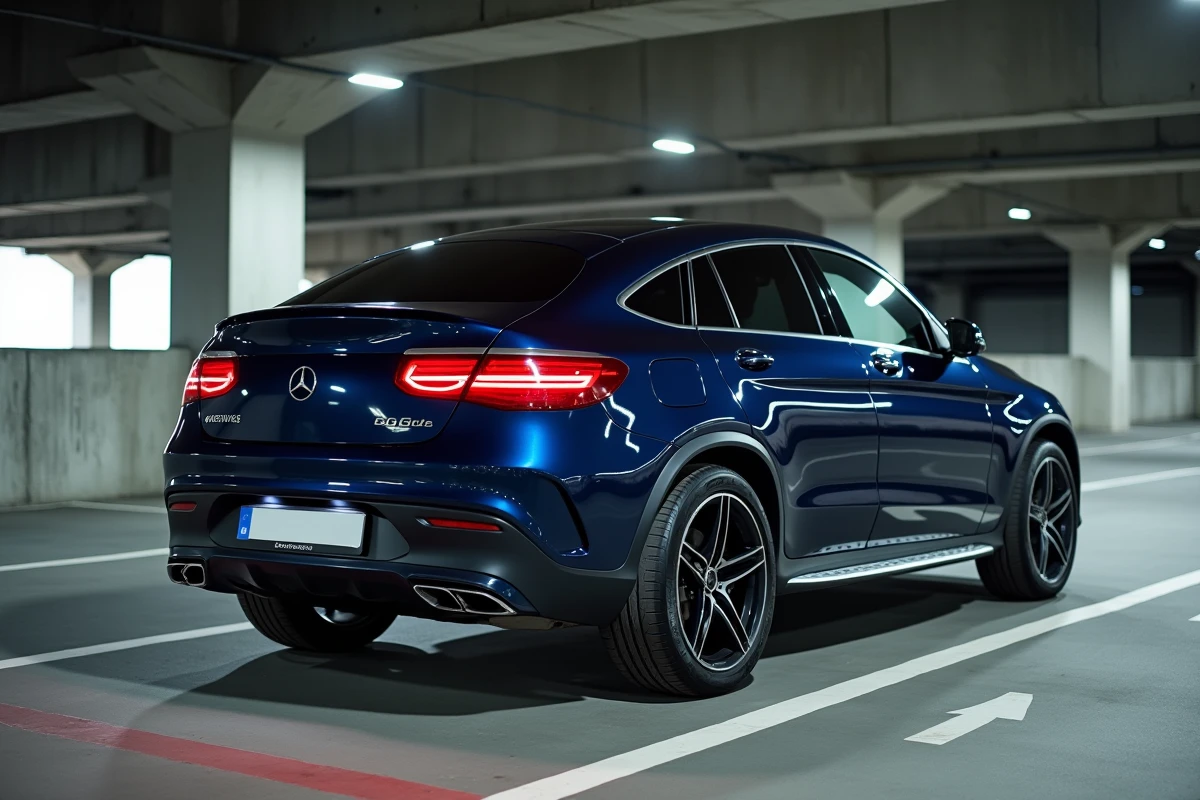 Mercedes-Benz GLC Coupé bleu nuit dans un parking souterrain urbain en béton brut vue arrière trois quarts