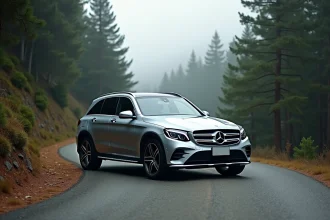 Mercedes-Benz GLC SUV argent sur une route de montagne sinueuse entourée de forêt de pins en automne
