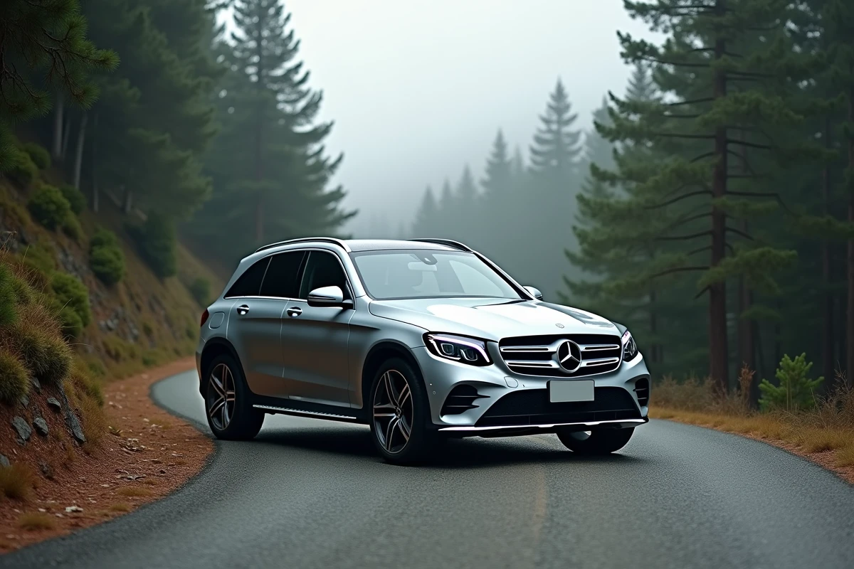 Mercedes-Benz GLC SUV argent sur une route de montagne sinueuse entourée de forêt de pins en automne