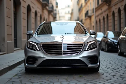 Mercedes S600 V12 d'occasion en argent garée sur une rue pavée européenne, vue trois quarts avant mettant en valeur le capot long et les détails chromés