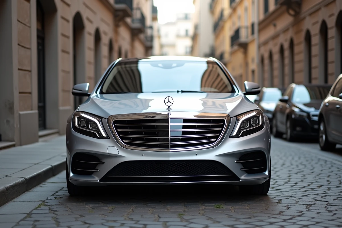 Mercedes S600 V12 d'occasion en argent garée sur une rue pavée européenne, vue trois quarts avant mettant en valeur le capot long et les détails chromés