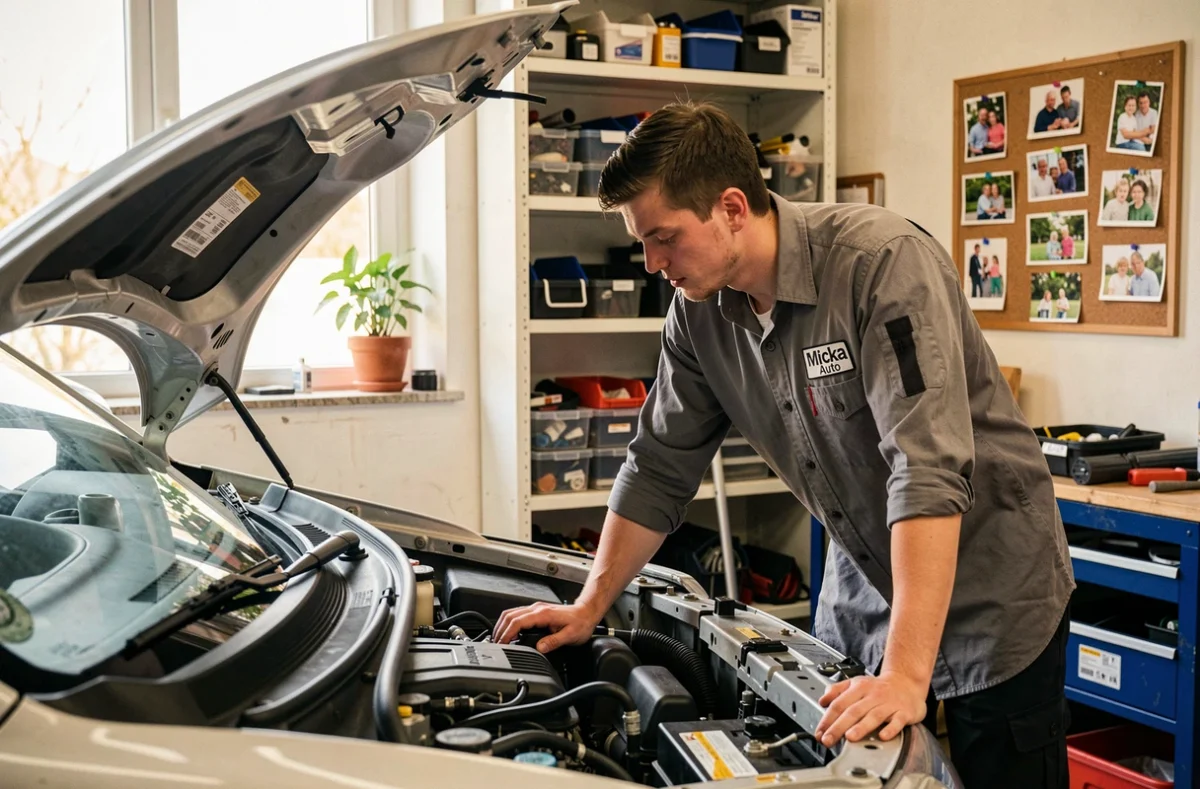 Mécanicien de Micka Auto dans le Loiret inspectant le moteur d'une voiture compacte dans un garage familial