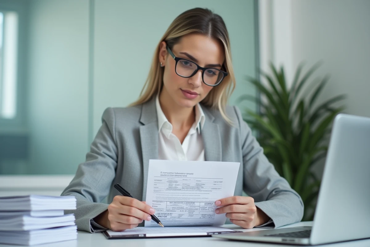Femme consultant un document de carte grise dans un bureau administratif de préfecture