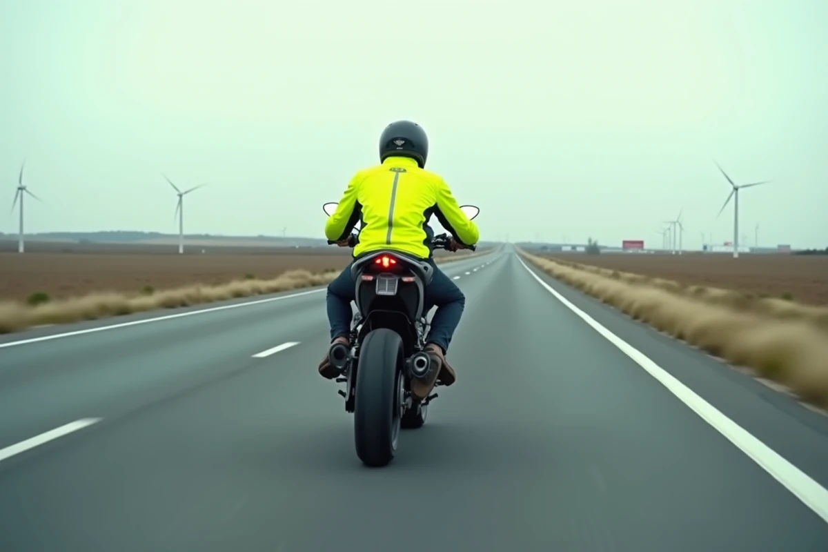 Motard équipé sur une moto puissante roulant à grande vitesse sur une autoroute européenne