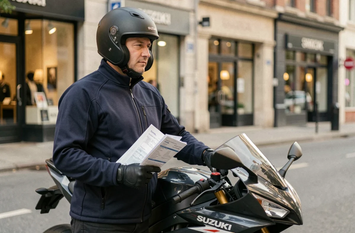 Motard debout à côté d'une Suzuki GSX-R tenant des documents d'assurance moto en ville