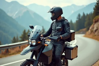 Motard en veste textile sur un trail adventure équipé de valises aluminium, arrêté sur une route de montagne sinueuse avec panorama alpin