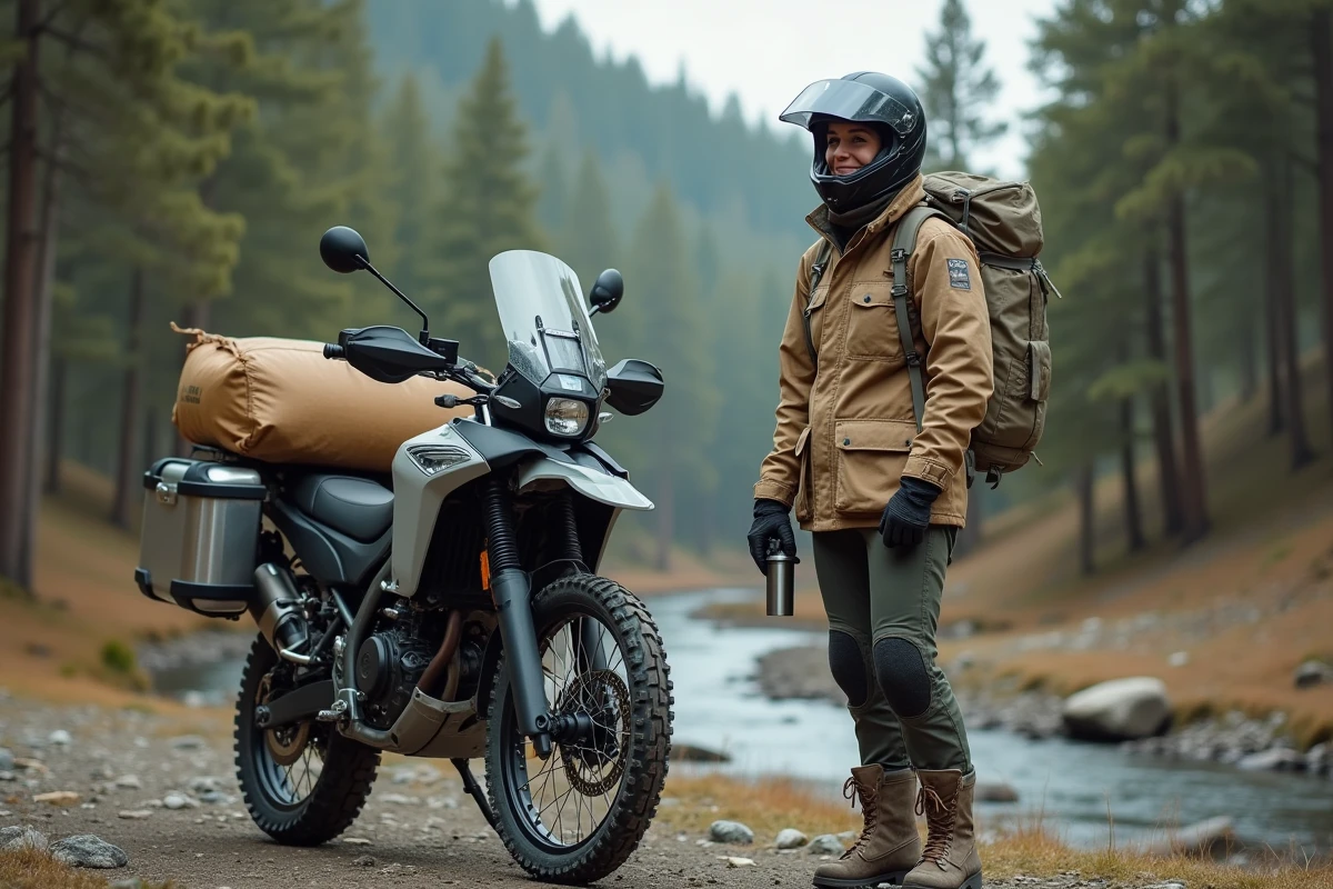 Motarde équipée pour un voyage longue distance avec un trail chargé de bagages dans un camping naturel au bord d'une rivière forestière