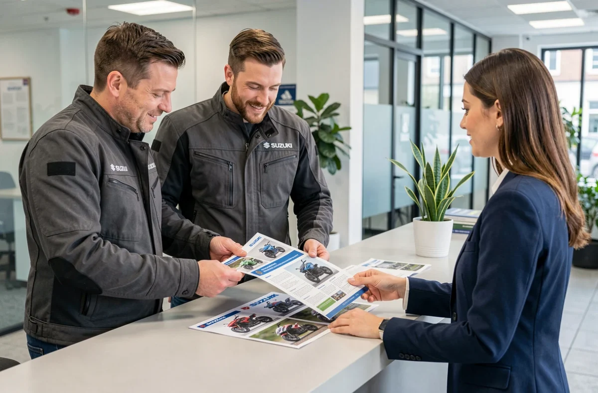Deux motards comparant des offres d'assurance pour motos Suzuki dans une agence avec une conseillère
