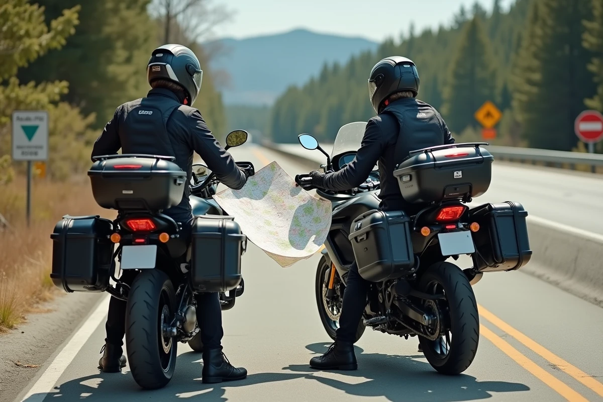 Deux motards en équipement complet faisant une pause sur une aire d'autoroute avec leurs motos de voyage