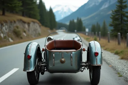 Moto sidecar vintage sur une route de montagne sinueuse avec décor alpin