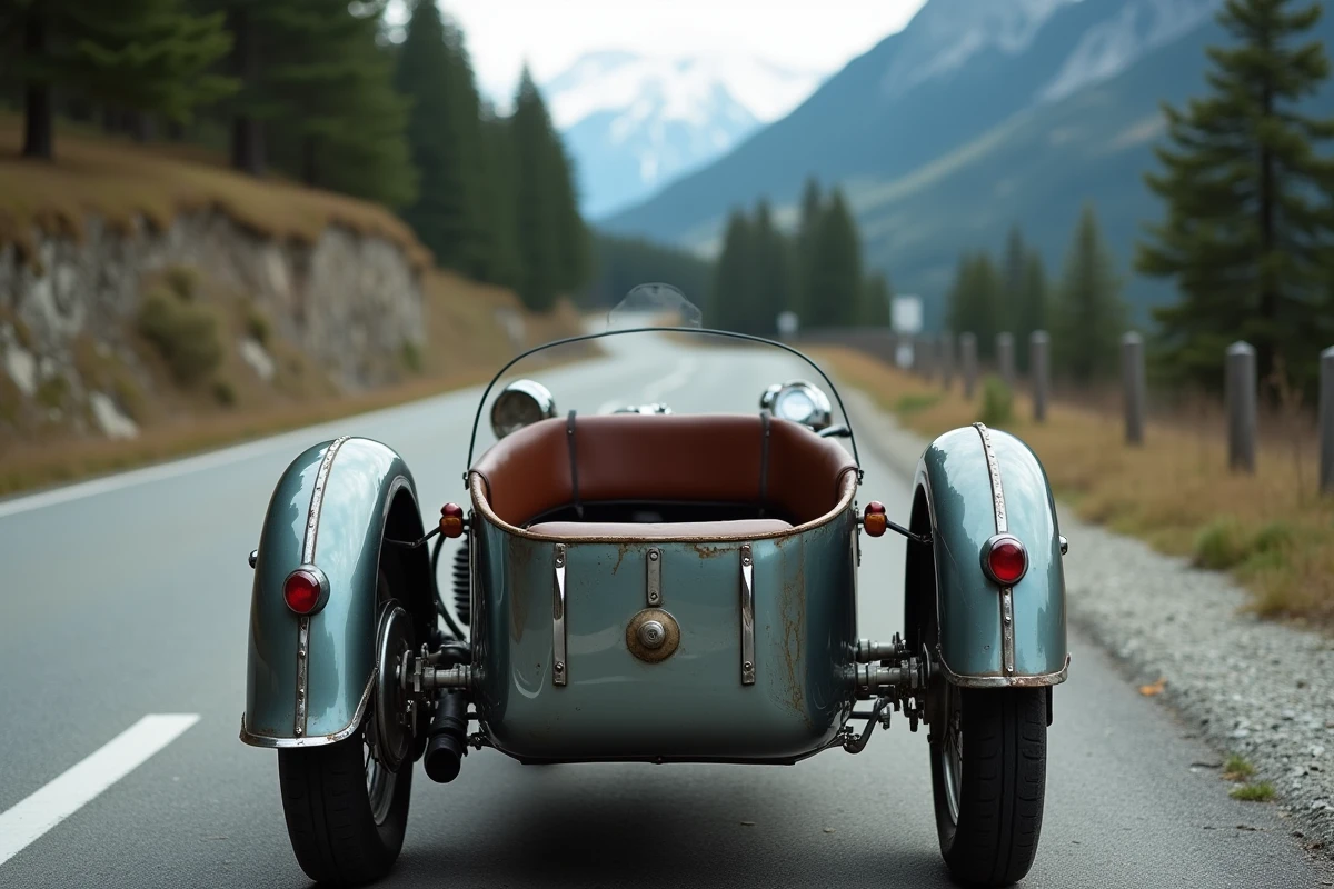 Moto sidecar vintage sur une route de montagne sinueuse avec décor alpin