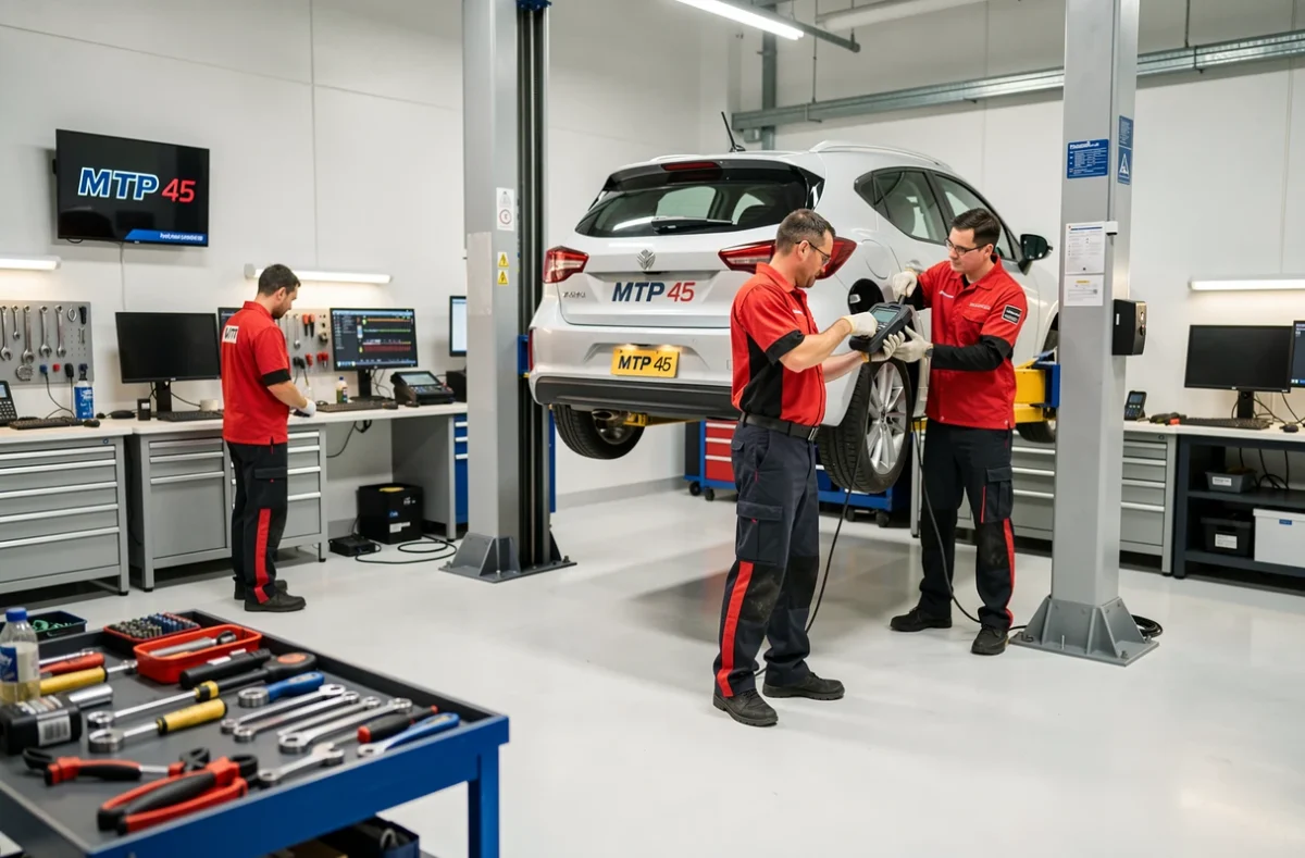 Atelier moderne de MTP 45 dans le Loiret avec mécaniciens utilisant des équipements de diagnostic électronique
