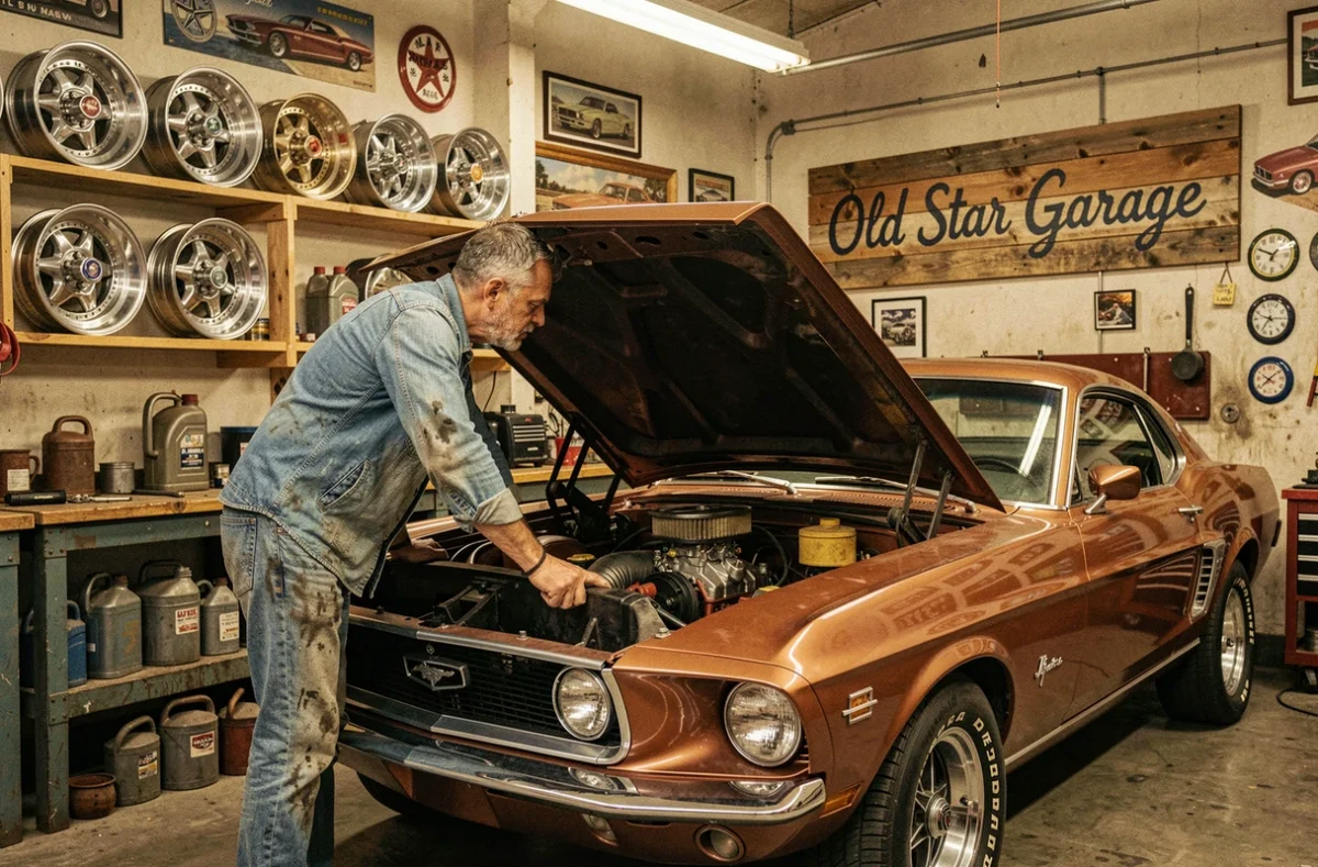 Mécanicien passionné d'Old Star Garage dans le Loiret travaillant sur une Ford Mustang vintage dans un atelier rétro américain