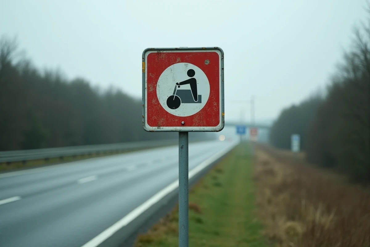 Panneau de signalisation radar vitesse sur le bord d'une route nationale française avec flou de fond autoroutier