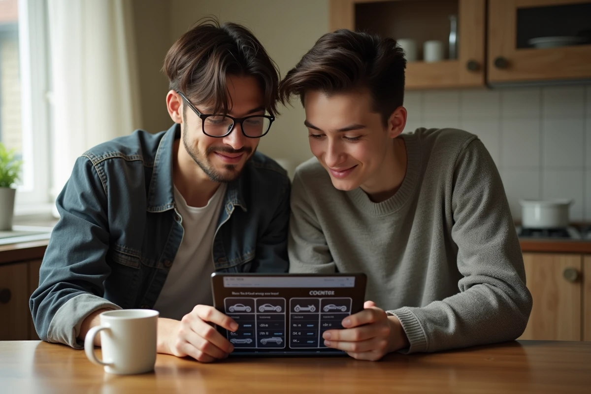 Parent et adolescent comparant les prix de motos 50cc sur une tablette dans une cuisine