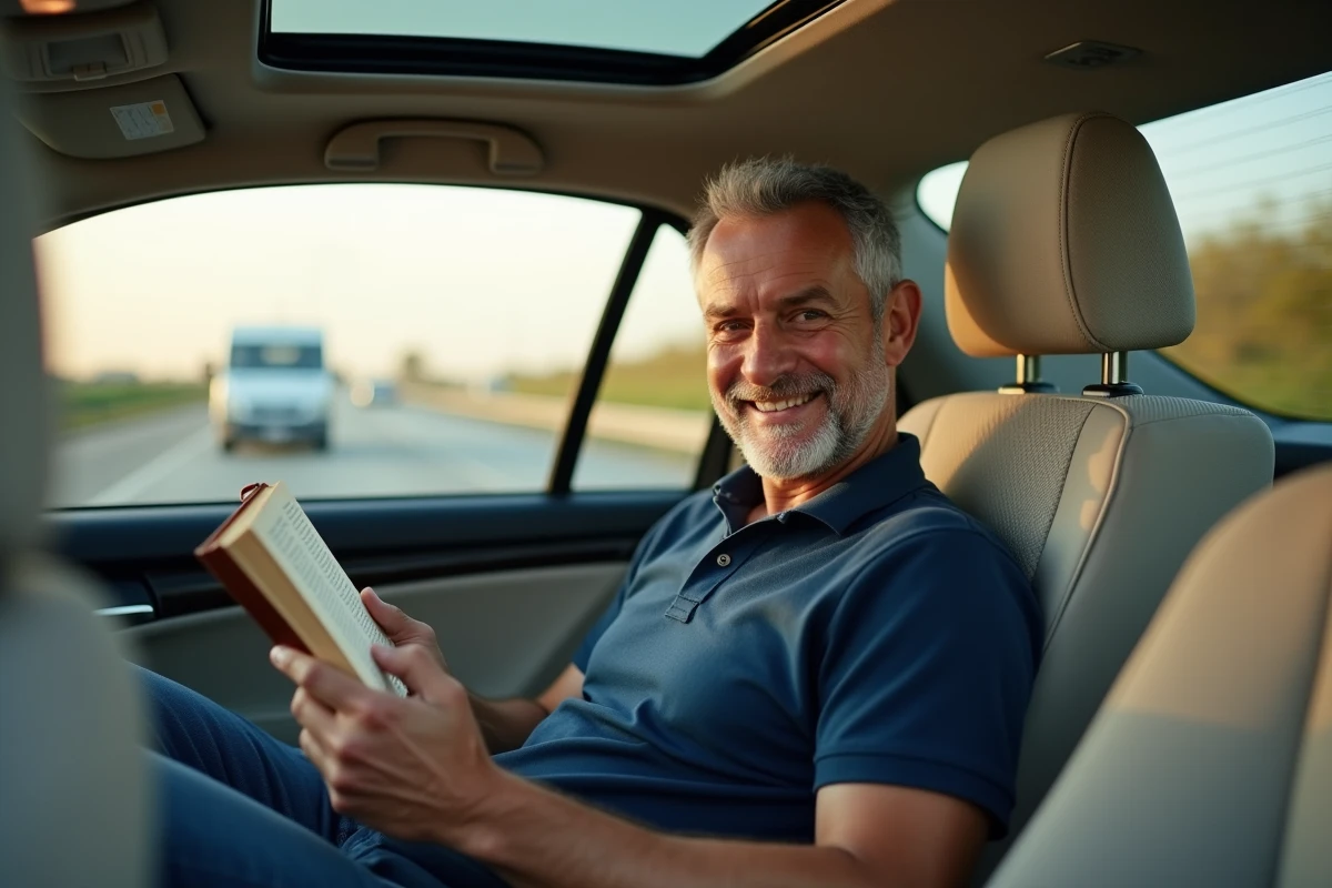 Passager détendu lisant un livre dans le siège avant d'une Toyota Corolla pendant un long voyage en voiture