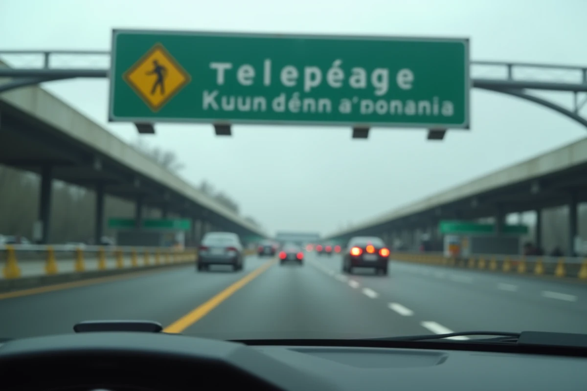 Cabine de péage sur autoroute française avec badge télépéage visible, illustration de la gratuité pour les trajets domicile-travail