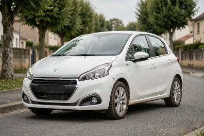 Peugeot 208 1.2 PureTech blanche garée dans une rue résidentielle, vue en 3/4 avant pour estimation de revente