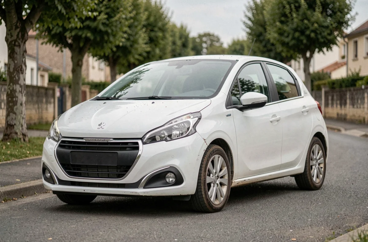 Peugeot 208 1.2 PureTech blanche garée dans une rue résidentielle, vue en 3/4 avant pour estimation de revente
