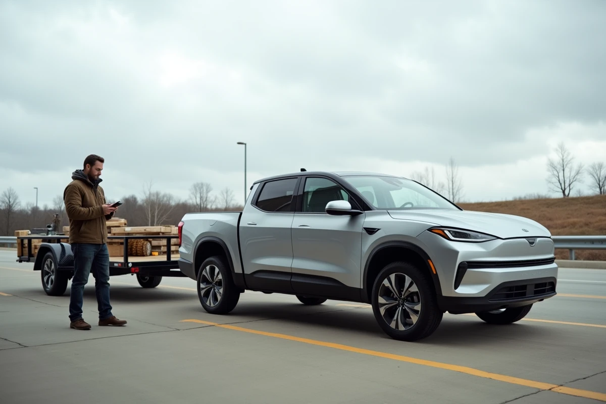 Pickup électrique silver avec remorque utilitaire dans une aire d'autoroute, homme vérifiant son smartphone