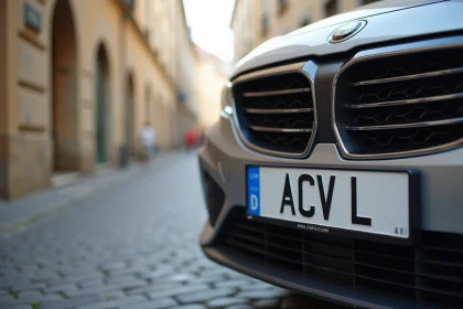 Gros plan d'une plaque d'immatriculation luxembourgeoise avec la lettre L sur fond bleu européen, fixée sur une voiture garée dans une rue pavée de Luxembourg
