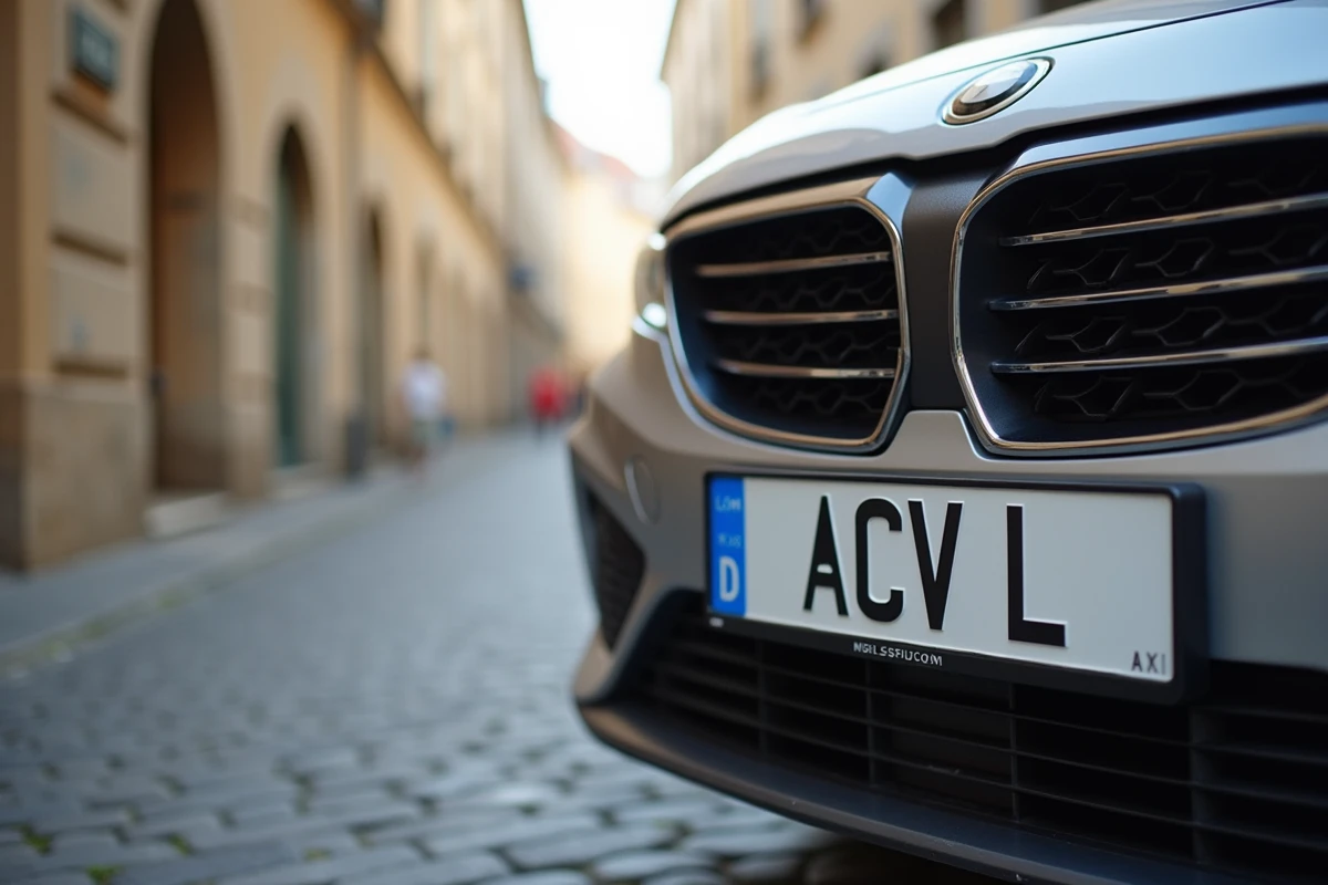 Gros plan d'une plaque d'immatriculation luxembourgeoise avec la lettre L sur fond bleu européen, fixée sur une voiture garée dans une rue pavée de Luxembourg