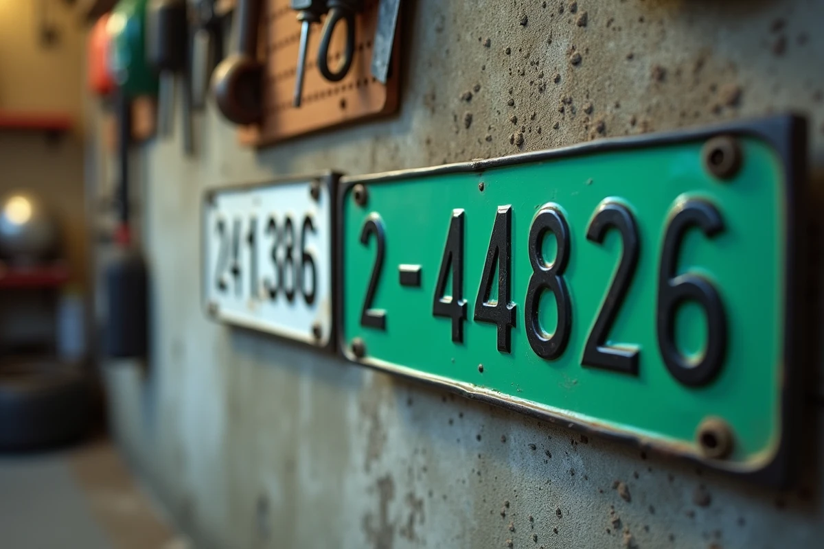 Comparaison d'une plaque d'immatriculation verte véhicule électrique et d'une plaque classique blanche sur un mur de garage