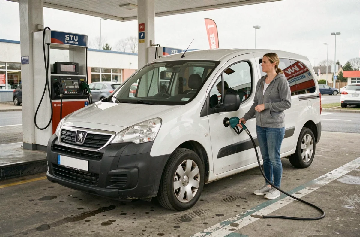 Femme faisant le plein d'un Peugeot Partner Tepee dans une station-service, illustrant le coût de carburant et la consommation réelle au quotidien