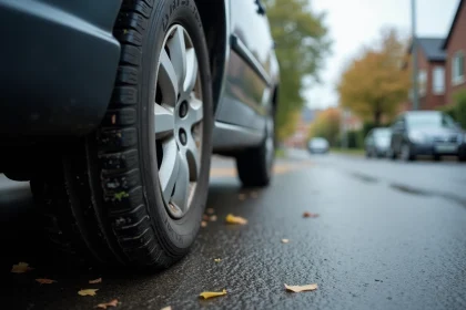 Pneu avant usé sur une berline avec indicateurs d'usure visibles et risque de danger sur route mouillée
