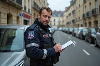 Agent de police rédigeant une contravention de 5ème classe sur un document officiel en bord de rue urbaine