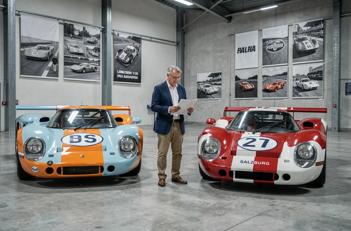 Deux Porsche 917 en livrées Gulf et Salzburg exposées côte à côte dans un musée automobile avec un conservateur consultant des archives